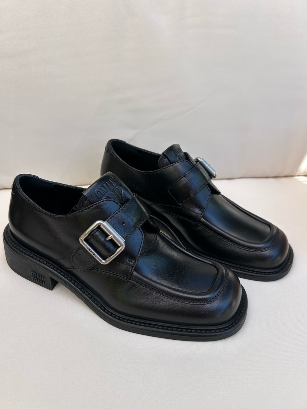 Miu Miu FW23 Black Leather Buckle Monk Loafers - Picture 2 of 5